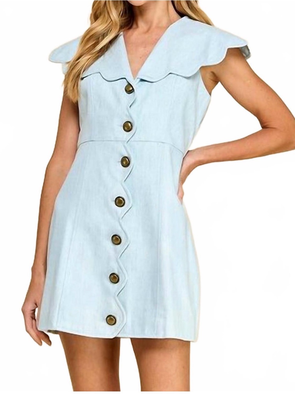 TCEC Pale Blue Scalloped Collar Button-Front Mini Dress